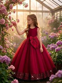 Vestido de fiesta con lentejuelas y lazo de malla para niña preadolescente, adecuado para ocasiones formales, cenas, cumpleaños, no incluye diadema - Burdeos - Ver 3