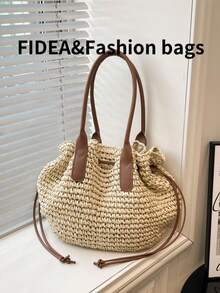 Nuevo bolso de paja de gran capacidad para vacaciones de verano para mujeres, con cierre de cuerda hueca anudada, casual y elegante, versátil, adecuado para la playa, vacaciones y otras ocasiones - Blanco - Ver 7