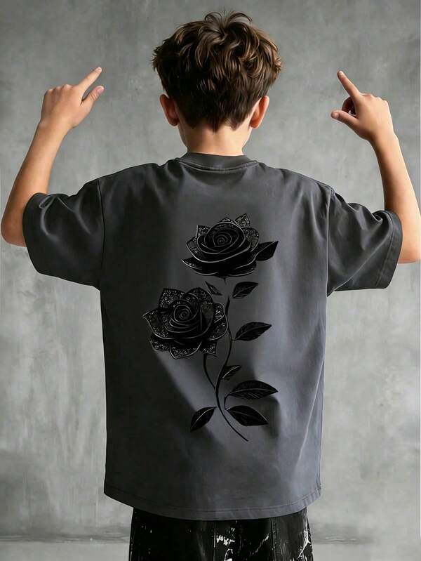 1pc Boys' Dark Grey Black Rose Print Short Sleeve T-Shirt, Summer New Arrival, Loose Fit, Soft Breathable Fabric, Casual Street Style Tee For Older Kids