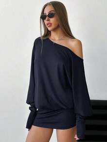 Vestido corto y ajustado de manga larga, asimétrico y sexy para mujer, para festivales de música y estilo streetwear moderno - Gris Oscuro - Ver 1
