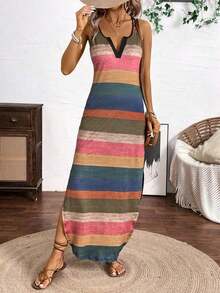 Vestido largo de tirantes de mujer con rayas verticales y colores variados - Multicolor - Ver 7