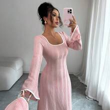 Vestido de manga larga simple de estilo de alta gama, vestido de moda diario para mujeres otoño e invierno - Rosa - Ver 3