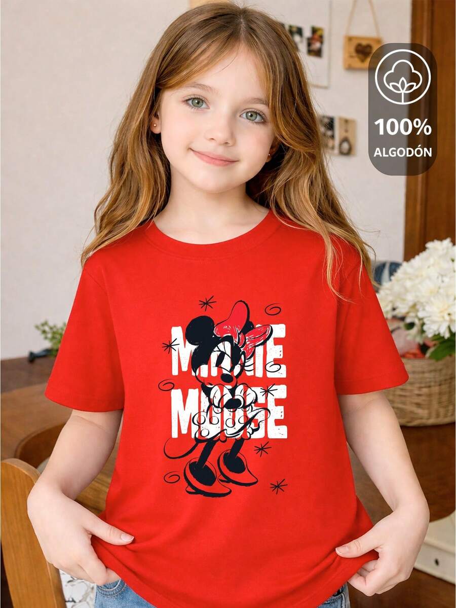 Girls' T-Shirt Made Of 100% High-Quality Cotton, This T-Shirt Guarantees Exceptional Softness To The Touch, Round Neck With "Minnie Mouse: Sketch Style" Print, Short Sleeves. DISNEY KIDS OFFICIAL MERCHANDISE COLLECTION - 紅色 - 查看 1