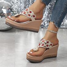 Women's Fashion Wedge Heel Thick Bottom Sandals, Pearl & Rhinestone Decor, Slip-On Floral Thong Sandals, Minimalist Casual Style For Spring/Summer Commuting - Khaki Red - View 3