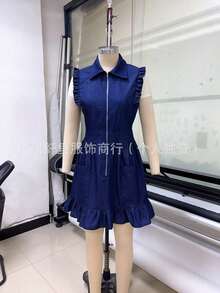 2026 New Fashionable Sleeveless Ruffled Zipper Pocket Denim Dress - 深色水洗藍 - 查看 5