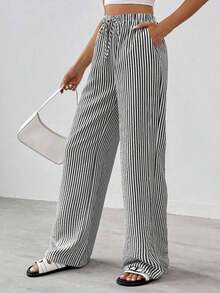 Tall Pantalones largos de mujer casuales de uso diario con estampado a rayas y estampados para primavera/verano - Negro 2 - Ver 10