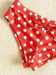 Nuevo conjunto de bikini con estampado de lunares sexy, espalda descubierta y lazo, con tirantes de espagueti para playa y piscina en vacaciones - Rojo - Ver 6