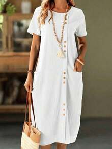 Faunlyn Vestido de bolsillo doble con botones frontales de unicolor para vacaciones casual - Blanco - Ver 6