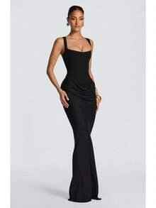 2026 Women's Casual Long Sleeve Slim Fit Fishbone Pure Desire Sleeveless Maxi Dress Solid Color Bodycon Dress - 酒紅色 - 查看 4