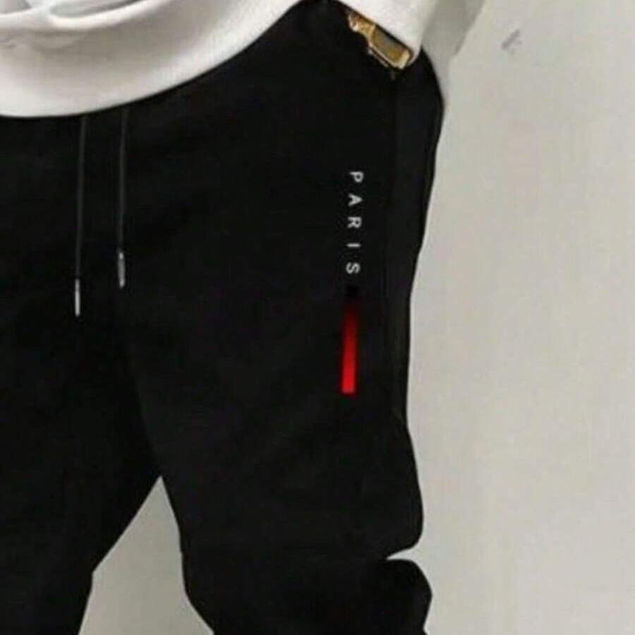 Men's Premium Casual Jogger Sweatpants With Paris Gradient Print, Gym Style, With Pocket, Flannel Lining, Winter Style, Immediate Shipping - Black - View 1