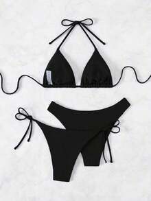 Swim Vcay Summer Geometric Floral Print Halter Bikini Set, Knit Fabric, Sexy Backless Bikini Set For Vacation, Parties, Beach, Pool, New Year, Christmas, Elegant - 黑色 - 查看 2