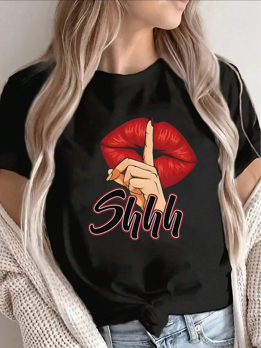 Lightweight And Durable T-Shirt, Adorned With A Red Lips Design And A 'Shhh' Motif, Perfect For Casual Outings At Home Or In Restaurants, Offering Optimal Comfort For Everyday Use. - Black - View 1
