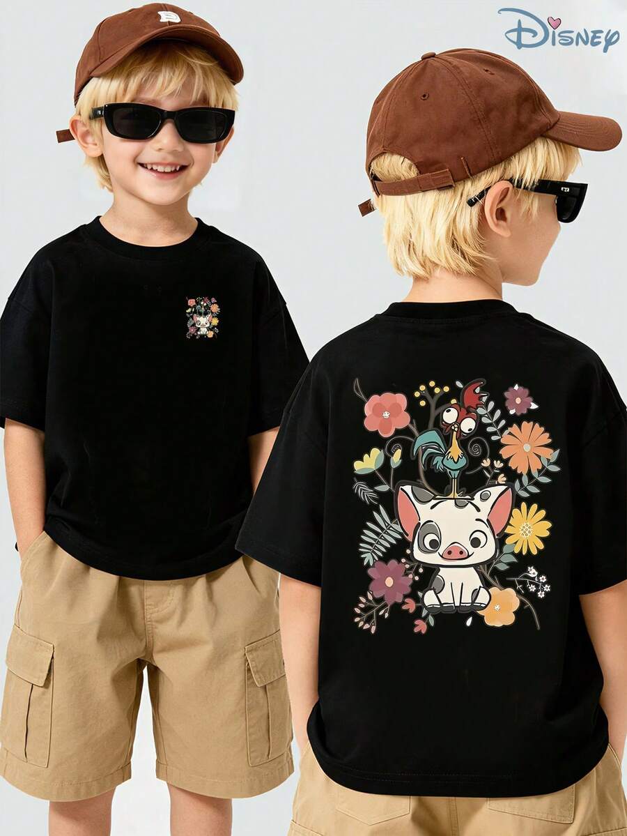 Boys' Disney Moana Pua & Heihei Floral Graphic T-Shirt, Kids Cute Animal Tee, Soft Breathable Casual Top For Boys, Ideal For Everyday Wear, Playground, School, Theme Parks, Vacation & Outdoor Activities - 黑色 - 查看 1