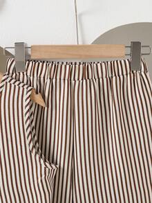 Left Mama Tween GirlsCasual Asymmetrical Ruffle Sleeveless Striped Top And Straight Pants Set, Summer - Brown - View 5