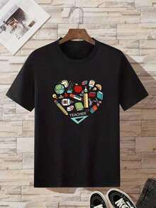 Camisa con estampado de letras para mujer Camiseta casual suelta con estampado gráfico Camiseta de moda casualPure-Cotton - Negro - Ver 6