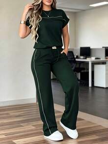 Conjunto de 2 piezas de mujer con top de cuello redondo de unicolor minimalista de manga corta y pantalones rectos de cintura alta, elegante para primavera/verano - Verde oscuro 1 - Ver 4