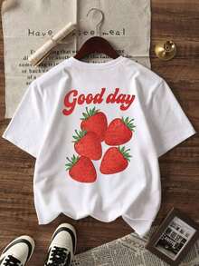 Camiseta Oversize para Mujer con Estampado Gráfico de Fresas "Good Day" Estilo Y2K, Vintage Retro de los 90, Streetwear Casual de Corte Holgado con Hombros Caídos y Cuello Redondo, Estilo Preppy Coquette Cottagecore, Top Gráfico de Moda Veraniega, Camiseta Cómoda y Transpirable para Uso Diario en Vacaciones, Playa, Brunch, Conciertos, Festivales de Música, Regreso a Clases, Estilo Urbano, Salidas Casuales, Moda Casual de  para Adolescentes y Mujeres Jóvenes. - Blanco - Ver 5