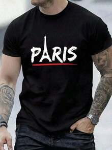 Camiseta casual de manga corta con cuello redondo y estampado de letras para hombre, verano en tela poliester semitransparente ligera - Negro - Ver 12