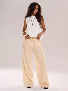 Women's Solid Color Casual Everyday Pants With Drawstring Waist - Apricot - View 8