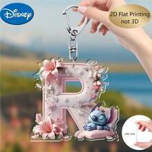 Disney 2D飞机，2D飞机印刷，1个迪士尼亚克力钥匙扣，26个英文字母，史迪奇粉色花朵图案设计，可爱包包钥匙扣，情侣钥匙扣，汽车钥匙扣，史迪奇粉丝生日礼物，2D飞机，节日完美之选 - 彩色 - 查看 14
