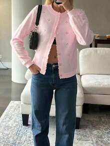 Cárdigan de punto ligero para mujer, de manga larga, informal y transpirable, para primavera/verano - Rosa - Ver 5
