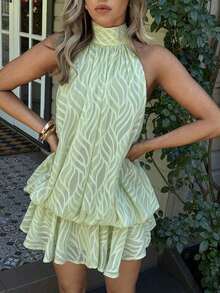 Vestido mini elegante de gasa con lazo  en color amarillo mantequilla para mujer, vestido para citas, vestido para para mujer, atuendos para luna de miel, vestido de invitada de boda, atuendos para vac - Verde - Ver 4