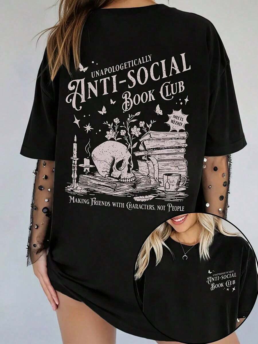 Playera minimalista moderna, camiseta de talla grande con estampado gráfico, manga corta, cuello redondo, top casual para verano y primavera, ropa de talla grande para mujer - Camiseta unisex de algodón suelto, manga corta, cuello redondo, estilo vintage urbano. - Negro - Ver 1