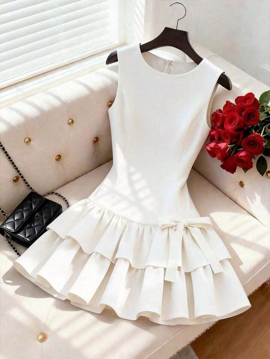 Vestido elegante sin mangas estilo francés, vestido mini con decoración de lazo rojo, adecuado para salidas diarias, citas, vacaciones - Blanco - Ver 1