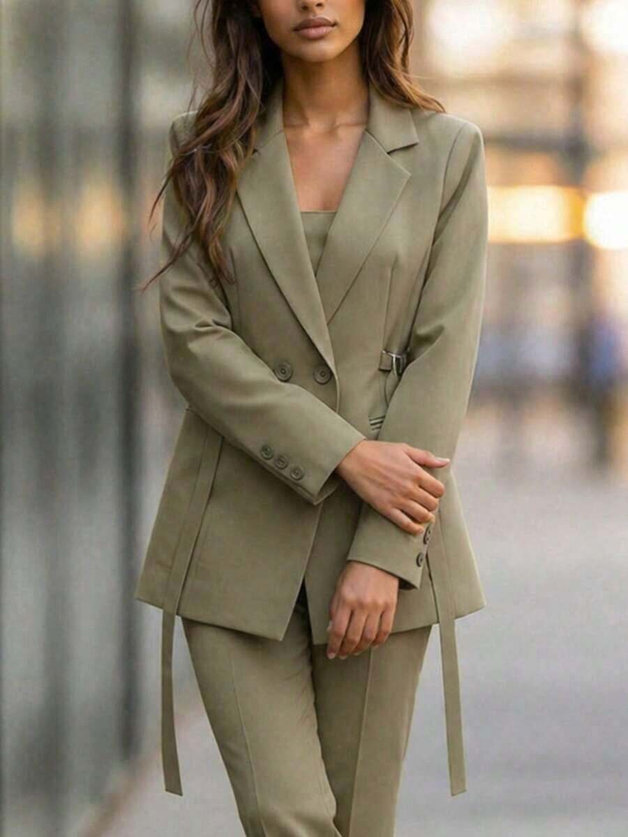 Chaqueta de traje de mujer con doble botonadura y cordones en color marrón, abrigo delgado y de longitud media para ir al trabajo, tela suave y elegante, prenda exterior casual elegante para mujeres de 25 a 45 años en primavera - Tarjeta Verde - Ver 1