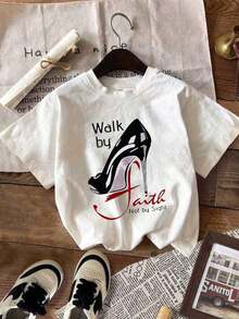 Camiseta de Verano Blanca para Mujer, Cuello Redondo, Manga Corta, Casual, con Estampado de Letras y Tacón Alto - Blanco - Ver 5