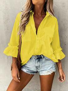 ZZLCasual Elegant And Modern Blouse With Button Collar And 3/4 Sleeves, Minimalist Top With Ruffled Cuffs And 3/4 Sleeves, White Spring Blouse For Women - 黃色 - 查看 12