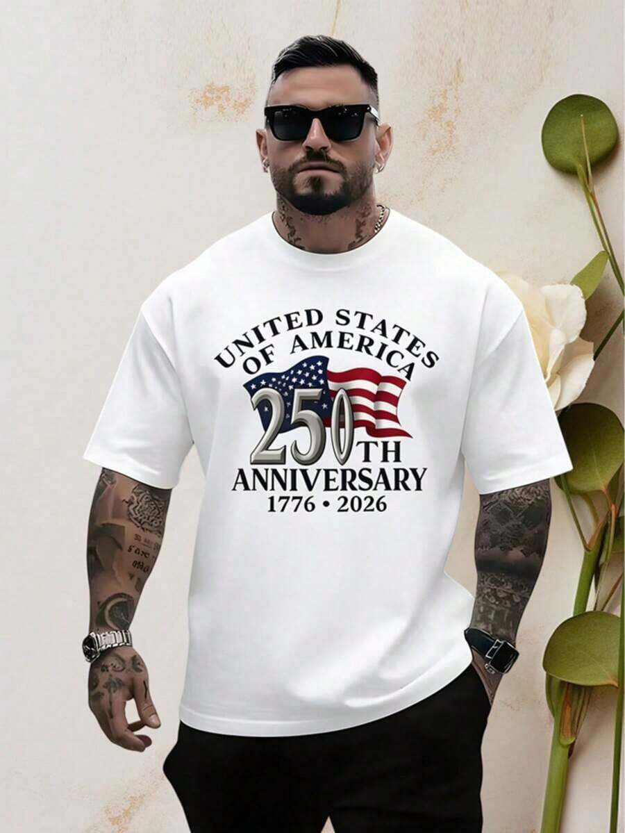 Big And Tall Mens Shirts 180G Cotton Short Sleeve Shirt 250th Anniversary Patriotic Theme Print Vintage Numbers And Design American Celebration Daily Casual Top GOHS - 白色 - 查看 1