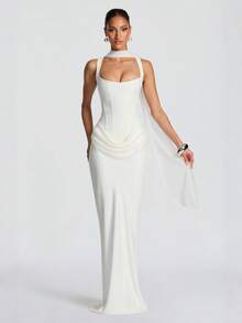 2026 Women's Casual Long Sleeve Slim Fit Fishbone Pure Desire Sleeveless Maxi Dress Solid Color Bodycon Dress - trắng - Xem 6