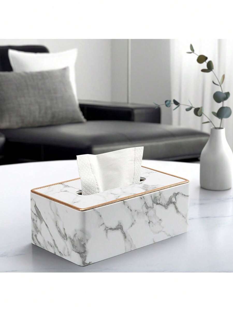 Bathroom Accessories Toilet Roll Holder Bathroom Storage Gold Rimmed Pu Leather Marble Pattern Tissue Box Cover Home Bathroom Decor Bathroom Organizer Fall Decor Back To School Napkin Holder Desktop Room Decor Kitchen Dining Table Holiday Gift Large Capacity Dustproof Reusable Portable Minimalist Essential - Black and White - View 1