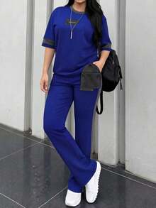 2 piezas Conjunto de camiseta de manga corta de cuello redondo y pantalones sueltos de cintura elástica para mujer, uso diario casual, negro, verano - Azul 142 - Ver 4