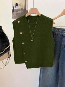 1 pieza Chaleco sin mangas de punto de unicolor con cuello redondo corto, diseño asimétrico con botones, accesorio de moda, chaleco versátil de punto para el verano - Verde - Ver 1