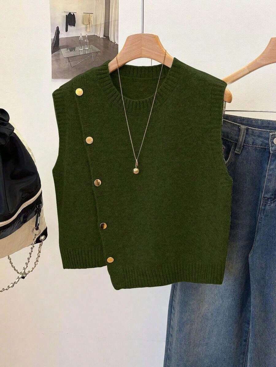 1 pieza Chaleco sin mangas de punto de unicolor con cuello redondo corto, diseño asimétrico con botones, accesorio de moda, chaleco versátil de punto para el verano - Verde - Ver 1