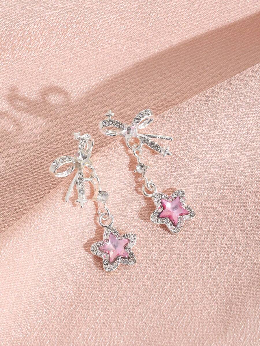 Y2K Blue Crystal Star Pendant Earrings For Women, Exquisite Elegant Bowknot Five-Pointed Star Earrings Jewelry Birthday Gift - Baby Pink - View 1