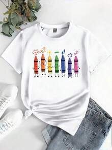 This High-Quality, Loose-Fitting Women's Crew Neck T-Shirt Features A Variety Of Prints, Including Lettering, Cartoon Hearts, And Small Animal Designs. It's Perfect For Everyday Casual Wear And Beach Outings. It's Also A Great Choice For Couples' Vacation Outfits. Made From 100% Pure Cotton, This 200-Gram Fabric Is Soft, Comfortable, And A Must-Have For Everyday Wear. - 白色 - 查看 3