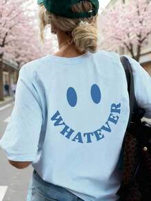 Nueva camiseta de verano sencilla para mujer, de manga corta, con estampado "WHATEVER" y cara sonriente, cuello redondo.Moda versátil, adecuada para el uso diario de las mujeres y las vacaciones de primavera, estilo casual. - azul cielo - Ver 1