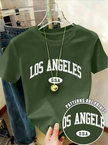 Camiseta de manga corta con estampado de letras para mujer, blusas gráficas para mujer - Verde militar - Ver 1
