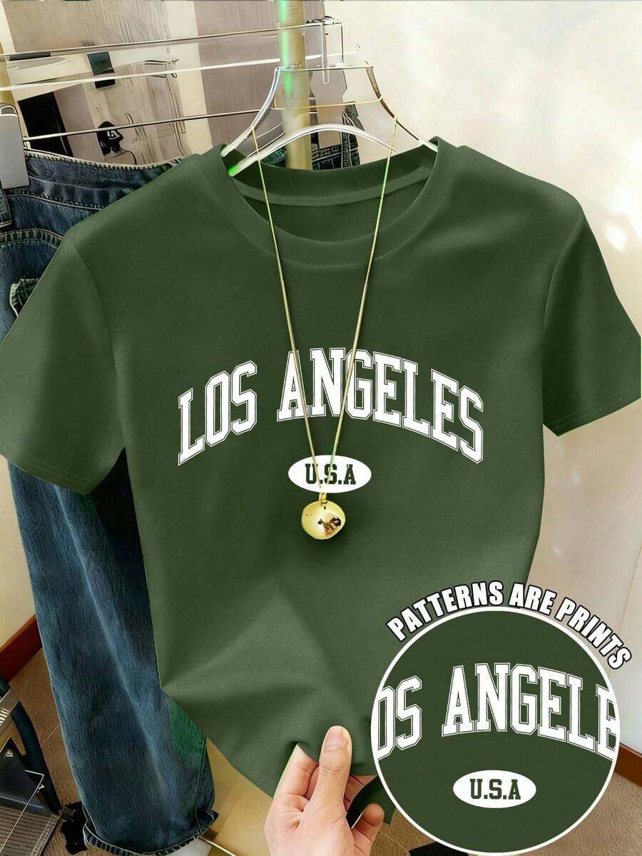 Camiseta de manga corta con estampado de letras para mujer, blusas gráficas para mujer - Verde militar - Ver 1