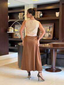 Women's Elegant Casual Satin Midi Skirt - 摩卡棕 - 查看 3