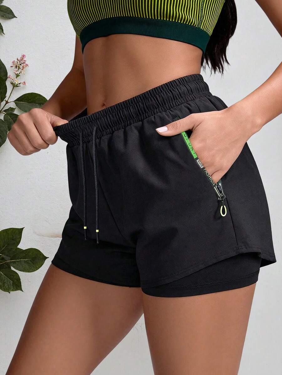 Women's Drawstring Waist Casual Versatile Daily Wear Shorts Black - Black - View 1