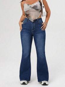 Jeans acampanados de talle alto de talla grande, pantalones vaqueros de lavado oscuro con estiramiento vintage, amigables para curvas - Azul - Ver 5
