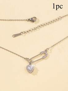 1pc Fashion Safety Pin Heart Pendant Necklace For Women, Stainless Steel Chain, Copper CZ Pendant, Daily Wear, Valentine's Day Gift - Pin - View 6