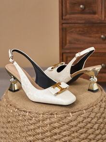 WHDXY Beige Elegant Backless High Heels, Vintage Square Toe 7cm Asymmetric Heel Sandals, Versatile For Work, Wedding, Daily Wear, Commute And Dating - Chantilly - View 4