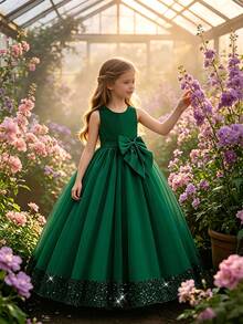 Tween Girl Sequin Bow Mesh Elegant Party Dress, Suitable For Evening Events, Headband Not Included - Dark Green - View 2