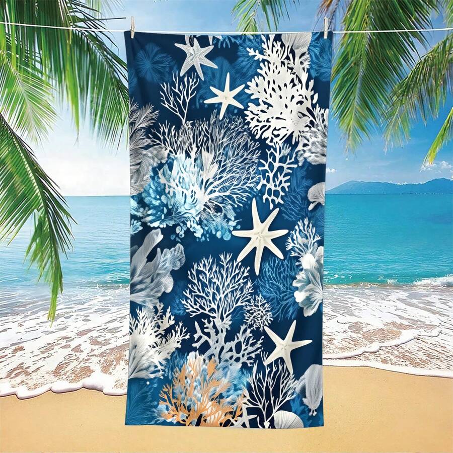 1 Pieza Toalla de playa con escena submarina-Vida marina vibrante, estampado de coral y estrella de mar, super suave de secado rápido de microfibra para viaje, piscina, yoga, camping-Lavable a máquina - Multicolor - Ver 1
