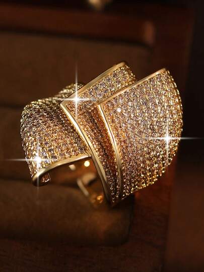1pc Luxury Gold Plated Big 3-Layers Cubic Zirconia Wedding Rings, Adjustable Creativity Fashion Ring For Women, Suitable For Engagement Party Jewelry, Valentine's Day Gift, Mother's Day, Gift, Various Occasions